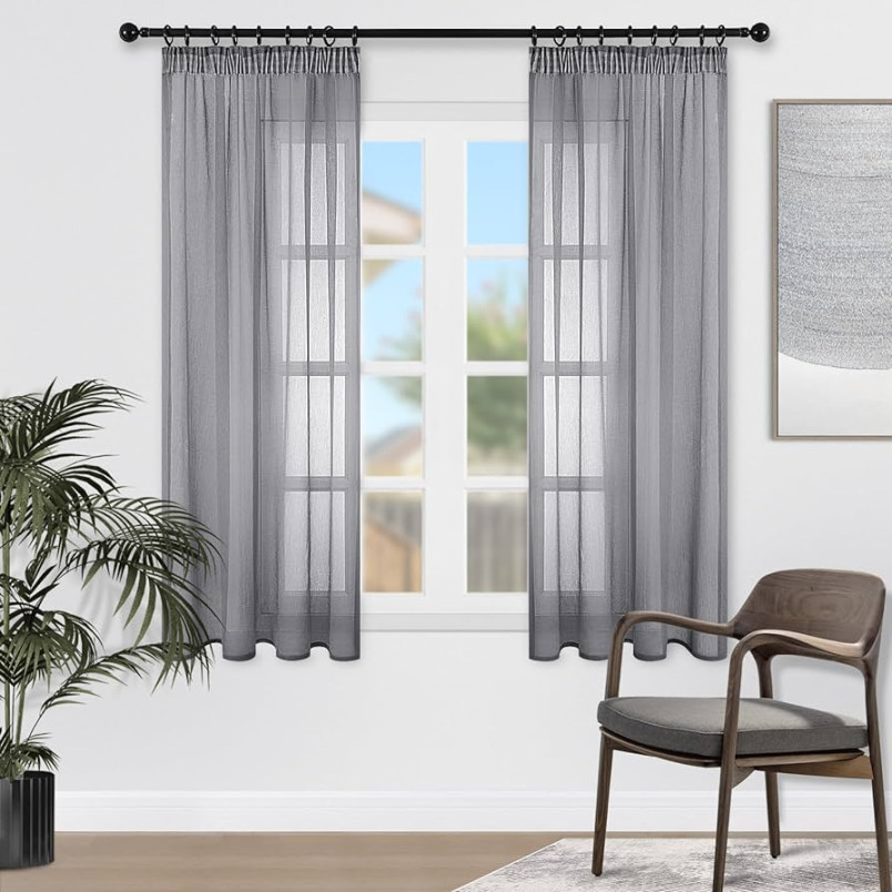 Topfinel Gardinen mit Kräuselband Grau Vorhänge Halbtransparent Voile  Gardine Wohnzimmer Modern xcm (BxH) Vorhang Schlafzimmer Fenster  Curtains