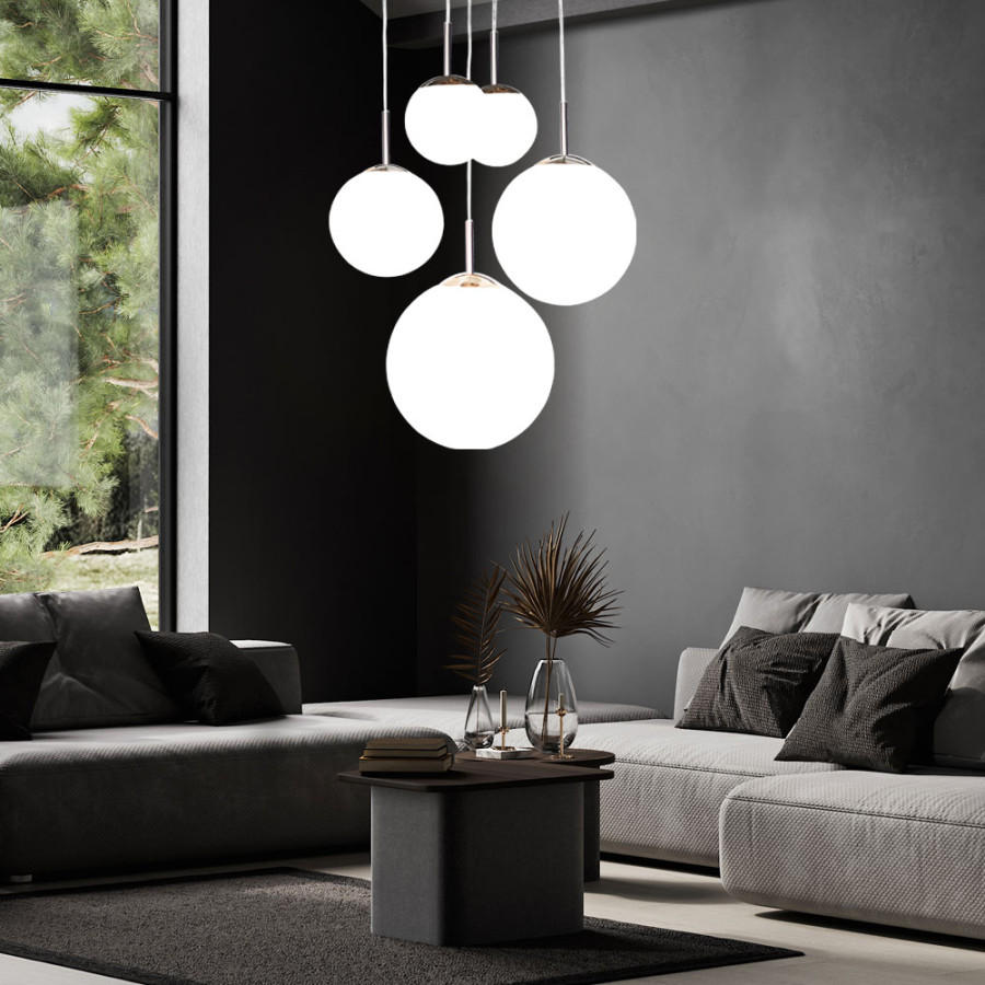 Hängelampe Esstisch Pendelleuchte modern Wohnzimmerlampe silber,  Hängeleuchte -flammig Design Glas Kugel opal, Metall, x E Fassung, DxH  0x cm